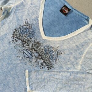 Harley‎ Davidson V-Neck Shirt Womens Large Blue Burnout Graphic Long Sleeve 2013